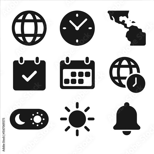 Global Time Coordination Icons. Solid, filled icons set of cross-timezone coordination: globe, clock hands,