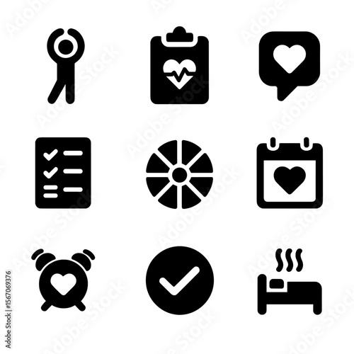 Daily Self-Care Icons. Solid, filled icon set of daily love and mental check-ins: morning stretch, wellness tracker, heart