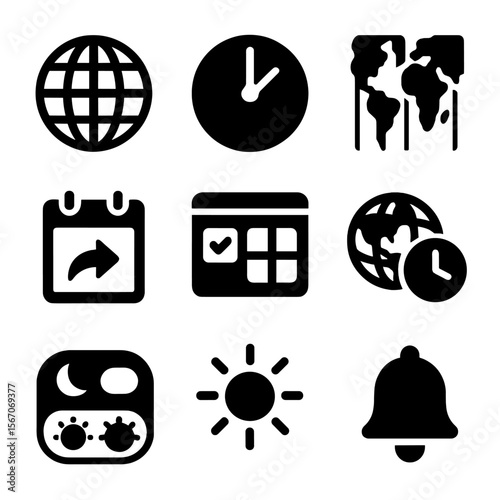 Global Time Coordination Icons. Solid, filled icons set of cross-timezone coordination: globe, clock hands,