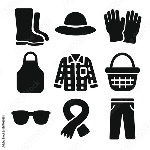 Dacha Gear Icons. Solid, filled icon set of dacha clothing and gear: rubber boots, sun hat, gardening gloves, apron, flannel shirt