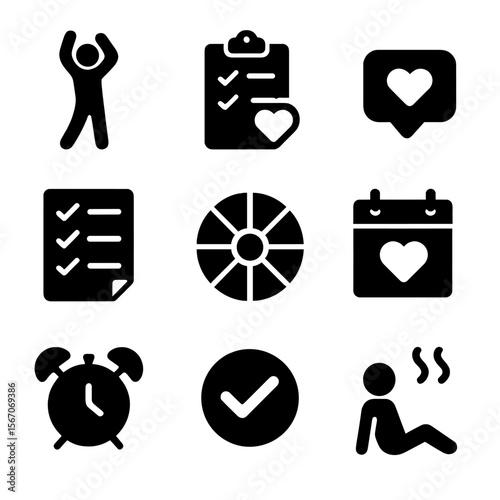 Daily Self-Care Icons. Solid, filled icon set of daily love and mental check-ins: morning stretch, wellness tracker, heart