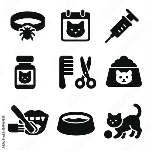 Cat Health Icon Set. Solid, filled icon set of cat health: flea collar, vet appointment, vaccine, cat medicine, grooming tools,