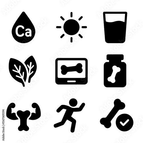 Bone Health Icons. Solid, filled icons set of bone health and nutrition: calcium icon, vitamin D sun, milk