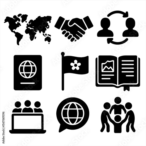 Global Youth Icons. Solid, filled icons set of global youth engagement: world map, international handshake,