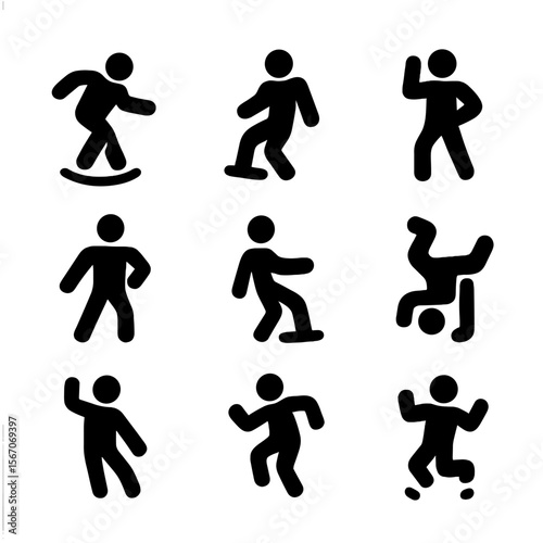 Dance Moves Icons. Solid, filled icon set of freestyle dance moves variations: spin, slide, pop, lock, glide, freeze, wave, stomp,