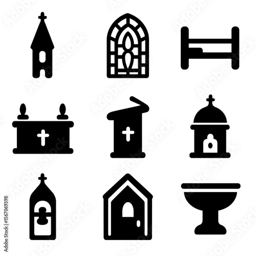 Catholic Church Architecture Icons. Solid, filled icon set of Catholic church architecture: steeple, stained glass window, pew,