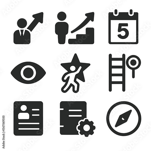 Career Icons Grid. Solid, filled icon set of long-term career goals: promotion arrow, growth path, five-year plan, vision icon,