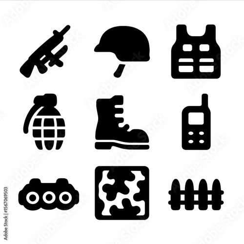 Military Gear Icons. Solid, filled icon set of bayonet related military gear: combat rifle, helmet, tactical vest, grenade, boots,