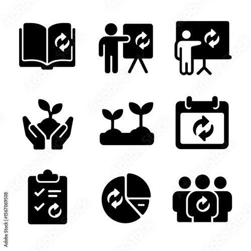 Composting Education Icons. Solid, filled icon set of composting education: book, chalkboard, presentation, hands planting,