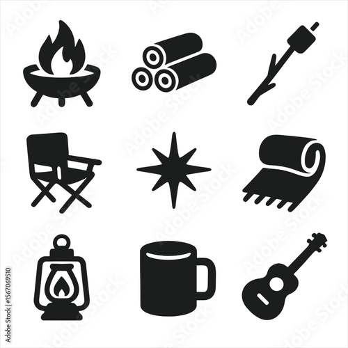 Bonfire Essentials Icons. Solid, filled icons set of setting up a bonfire in the backyard for a cozy evening