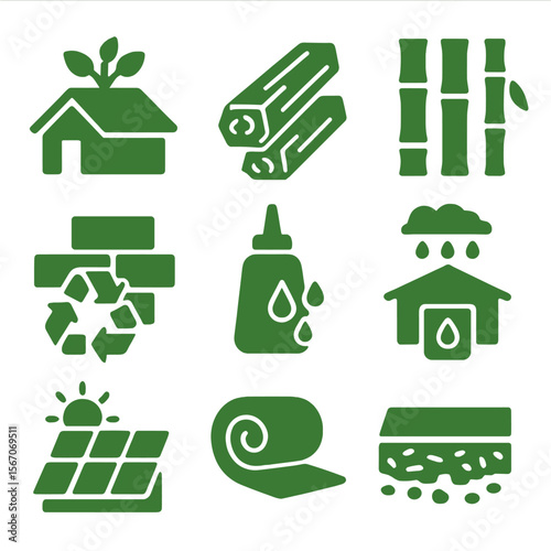 Green Building Materials Icons. Solid, filled icons set of green architecture materials: green roof, timber