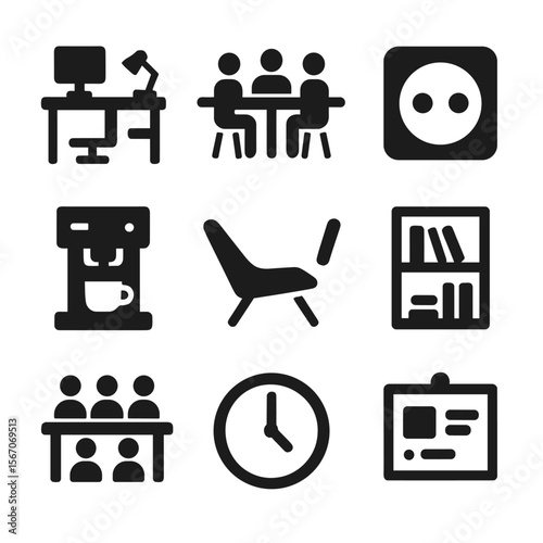 Coworking Space Icons. Solid, filled icons set of coworking spaces: desk setup, shared table, power outlet,