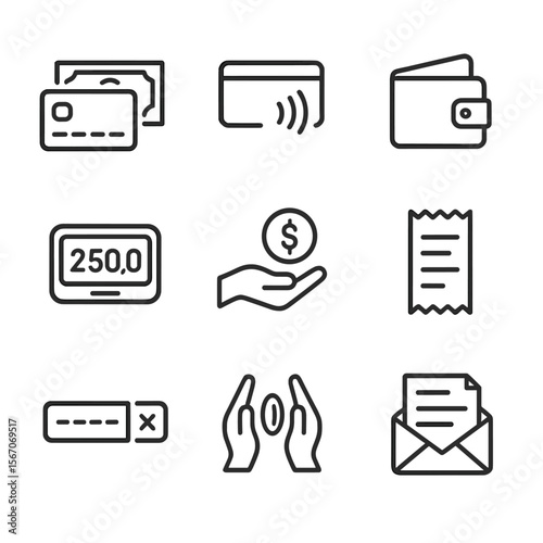 Payment Icons Outline. Outline icon set of payment and fare options: cash vs card icons, contactless payment tap, digital wallet