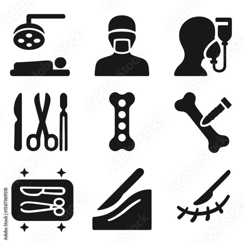 Bone Surgery Icons. Solid, filled icons set of surgical intervention in bone healing: operating room, surgeon,