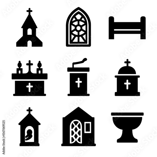 Catholic Church Architecture Icons. Solid, filled icon set of Catholic church architecture: steeple, stained glass window, pew,