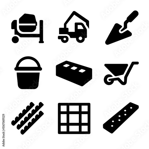 Concrete Tools Icons. Solid, filled icon set of concrete and masonry equipment: cement mixer, concrete pump, trowel, mortar bucket