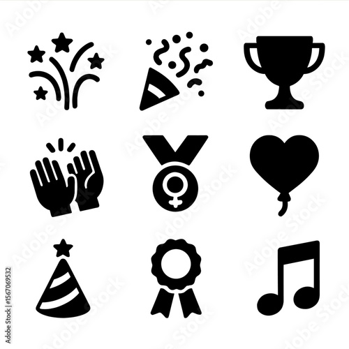 Celebration Icons Grid. Solid, filled icon set of feminist and racial celebration: fireworks, celebration confetti, trophy cup,