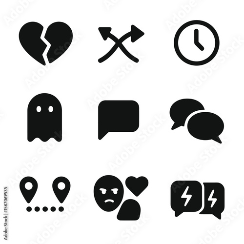 Dating Challenges Icons. Solid, filled icon set of dating challenges: broken heart, crossed paths, clock waiting, ghosting,