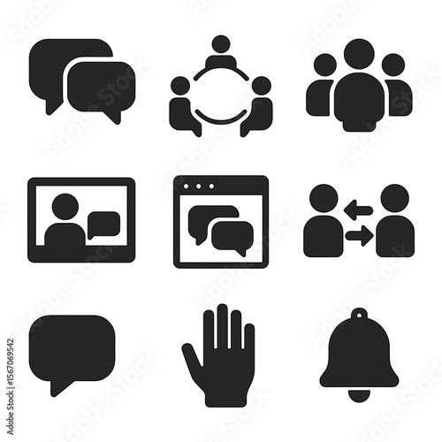 Group Conversation Icons. Solid, filled icons set of group conversations: speech bubbles, roundtable meeting,