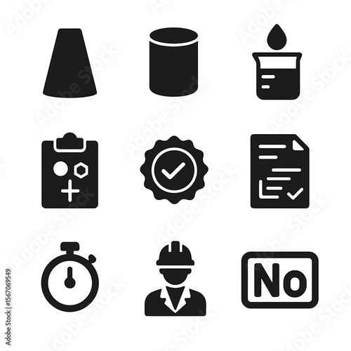 Concrete QA Icons. Solid, filled icon set of concrete quality assurance: slump test cone, cylinder mold, water ratio icon, mix