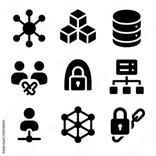 Decentralized Internet Icons. Solid, filled icon set of decentralized internet: node network, blockchain, data node, peer-to-peer