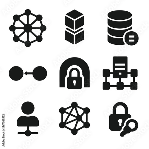 Decentralized Internet Icons. Solid, filled icon set of decentralized internet: node network, blockchain, data node, peer-to-peer