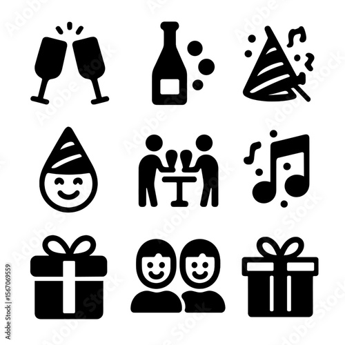 Celebration Icon Set. Solid, filled icon set of people celebrating with champagne toasts: clinking glasses, champagne bottle,