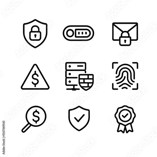 Payment Security Icons. Outline icon set of payment security and fraud prevention: shield with lock, two-factor authentication