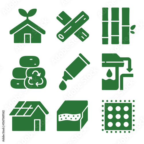 Green Building Materials Icons. Solid, filled icons set of green architecture materials: green roof, timber