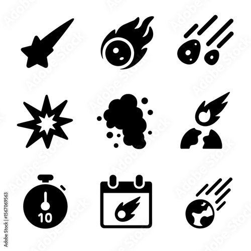 Meteor Showers Icons. Solid, filled icon set of meteor showers: bright meteor, trail of fire, group of meteors, meteor hitting