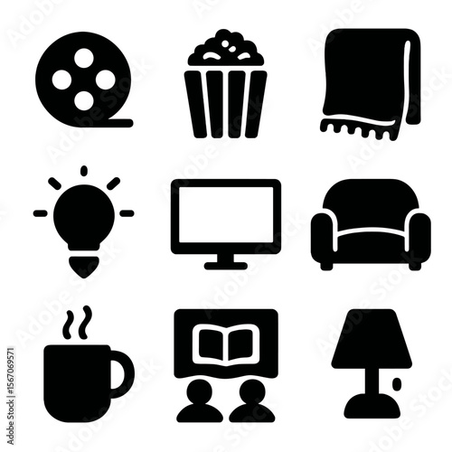 Cozy Movie Night Icons. Solid, filled icons set of cozy indoor movie nights: film icon, popcorn icon, cozy