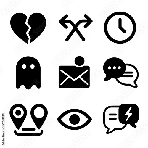 Dating Challenges Icons. Solid, filled icon set of dating challenges: broken heart, crossed paths, clock waiting, ghosting,