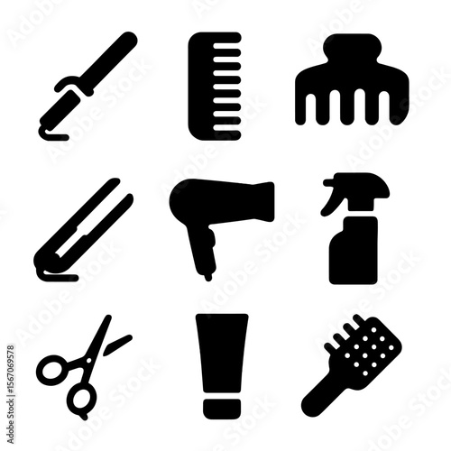 Hairstyling Essentials Icons. Solid, filled icons set of hairstyling essentials: curling iron, comb icon, hair