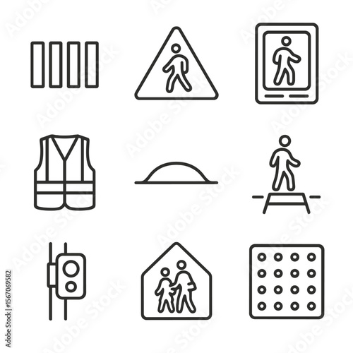 Pedestrian Safety Icons. Outline icon set of pedestrian safety measures: crosswalk marking, pedestrian crossing sign, walk/don’t