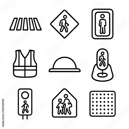 Pedestrian Safety Icons. Outline icon set of pedestrian safety measures: crosswalk marking, pedestrian crossing sign, walk/don’t