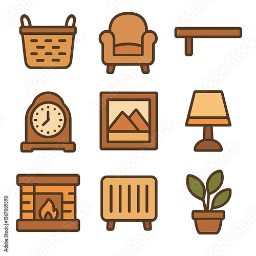 Cozy Mantel Icons. Solid, filled icons set of functional mantel designs: storage basket, cozy seat, small