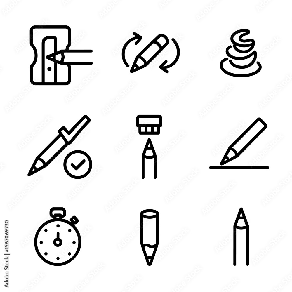 Obraz premium Pencil Sharpening Icons. Outline icon set of sharpening process steps: pencil insertion, twisting motion arrows, shaving curls