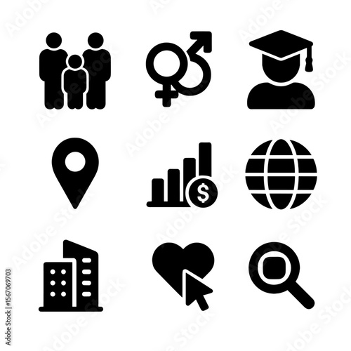Demographic Icon Grid. Solid, filled icon set of audience demographics: age group, gender icon, education level, location pin,