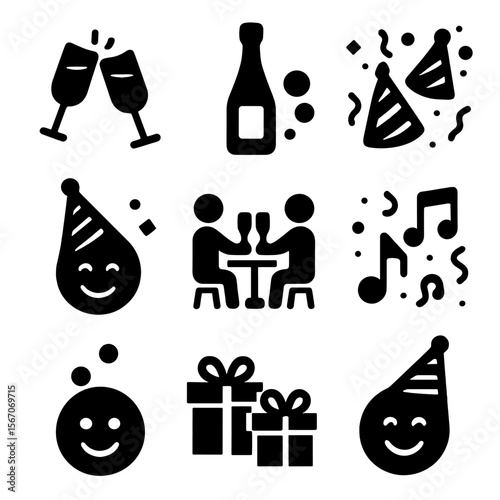 Celebration Icon Set. Solid, filled icon set of people celebrating with champagne toasts: clinking glasses, champagne bottle,