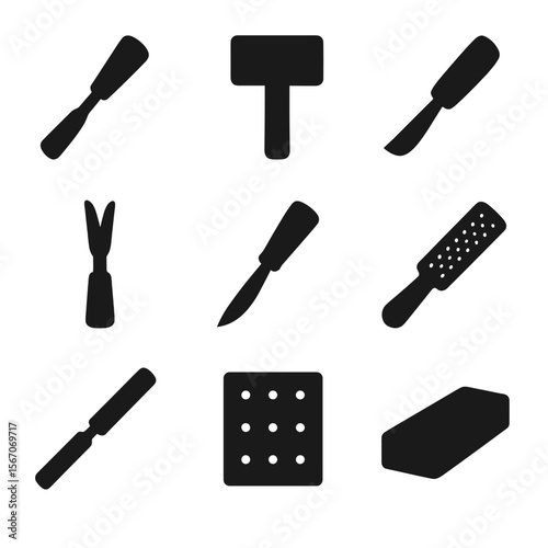 Carving Tools Icons. Solid, filled icon set of carving tools: gouge, mallet, carving knife, V-tool, chisel, rasp, file, sandpaper,