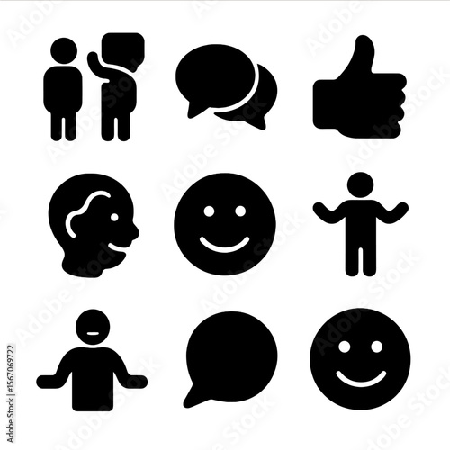 Casual Conversation Icons. Solid, filled icon set of casual conversation: standing figures, speech bubbles, hand gesture, nodding