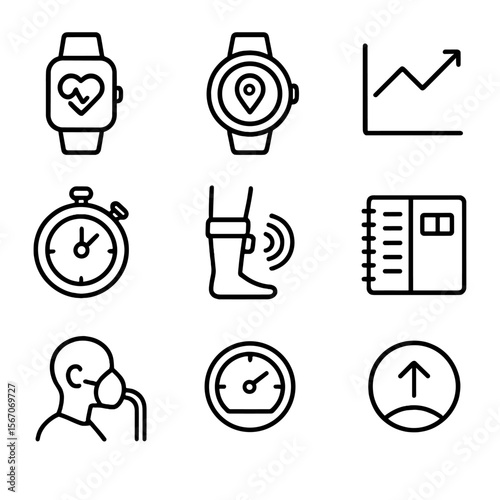 Performance Monitoring Icons. Outline icon set of performance monitoring and metrics: heart rate monitor, GPS watch, performance