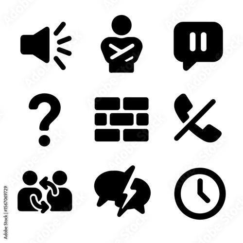 Dialogue Barriers Icons. Solid, filled icon set of dialogue barriers: noise, crossed arms, speech bubble with pause, question mark