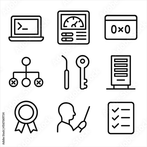 Penetration Testing Icons. Outline icon set of penetration testing training: laptop with terminal window, vulnerability scanner