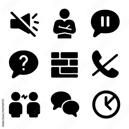 Dialogue Barriers Icons. Solid, filled icon set of dialogue barriers: noise, crossed arms, speech bubble with pause, question mark