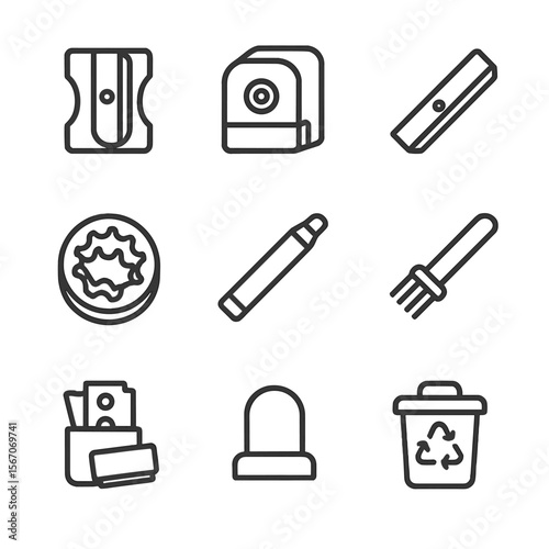 Pencil Tool Icon Set. Outline icon set of pencil sharpening tools and accessories: manual sharpener, electric sharpener,