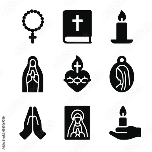 Devotional Icon Set. Solid, filled icon set of devotional art: rosary beads, prayer book, candle, statue of Mary, sacred heart,