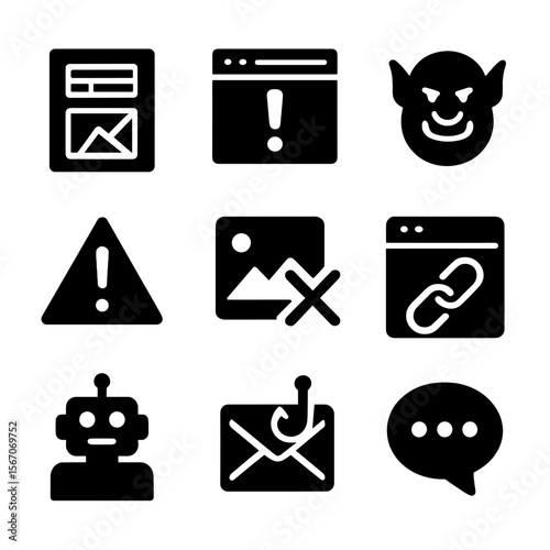 Misinformation Icon Grid. Solid, filled icon set of online misinformation sources: fake news article, misleading headline, troll