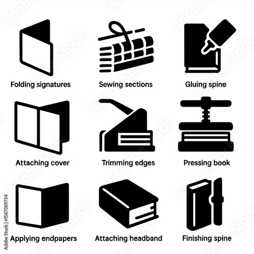 Bookbinding Icons Grid. Solid, filled icons set of bookbinding processes: folding signatures, sewing sections,
