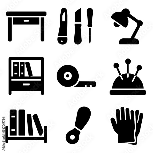 Bookbinding Tool Icons. Solid, filled icons set of bookbinding workspace: workbench, cutting tools, light